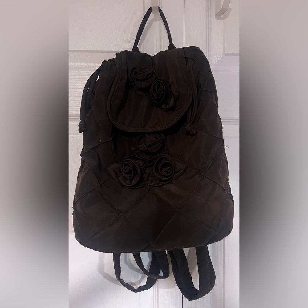 Joy Susan Quilted Fabric Mini Backpack in Dark Chocolate Brown With Roses